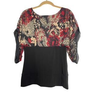 Dressbarn Dark Floral Blouse Medium Kimono Sleeve Vamp Romantic Cocktail Top
